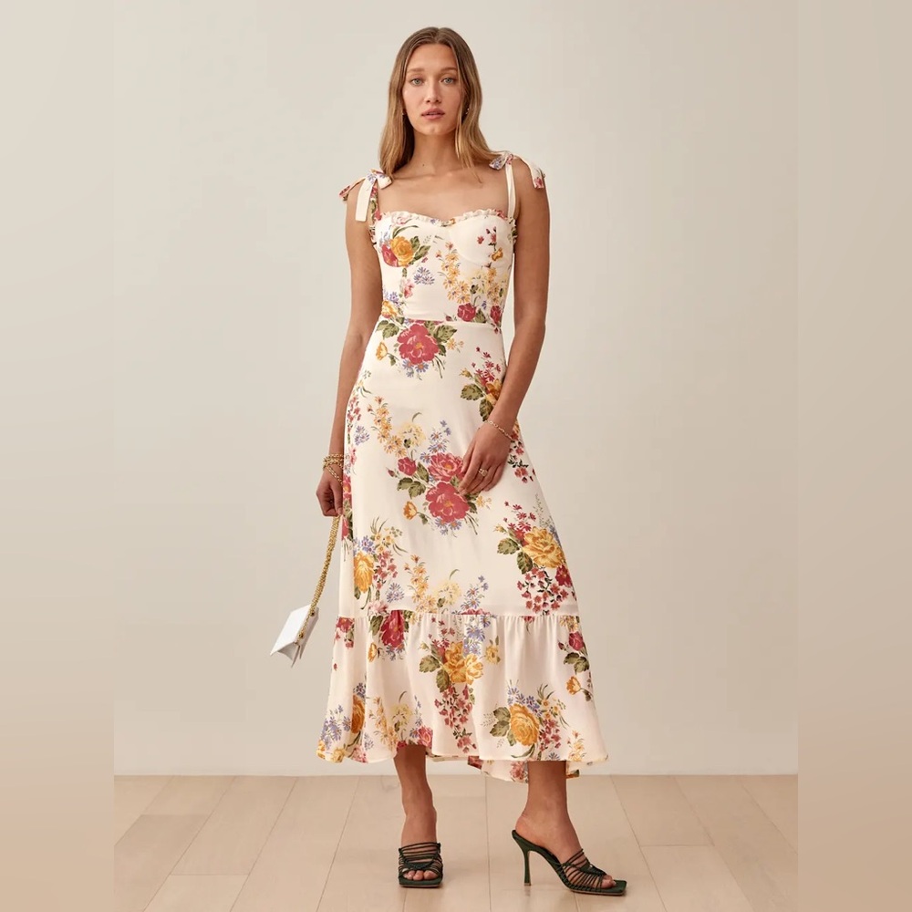 Reformation Cream Floral Midi Dress with Pink & Yellow Roses